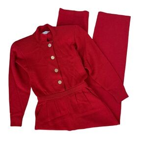 St. John Vibrant Red Jumpsuit with Gold Buttons